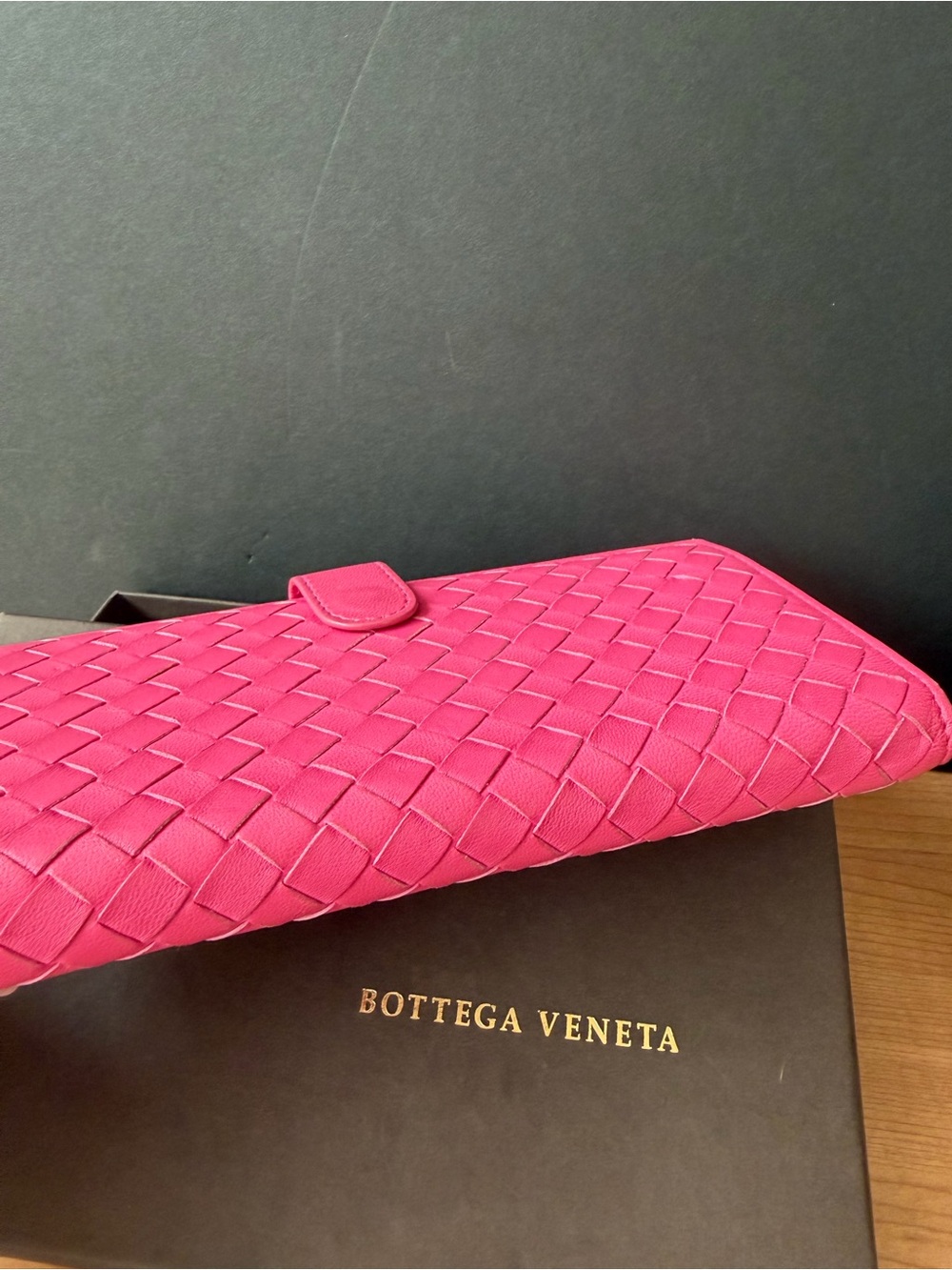 Bottega Veneta Hot Pink Intrecciato Leather Clutch. Authenic COA included.